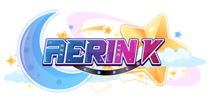Aerin K logo with golden crescent moon and blue text surrounded by planetary symbols and stars.