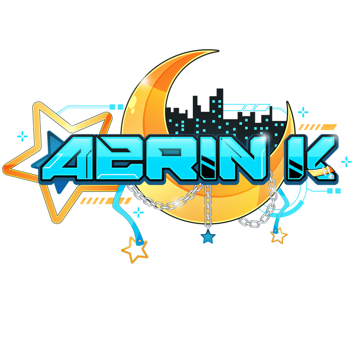 Aerin K logo's logo. Features a golden crescent moon behind the text and a gold outline with a blue star inside off to the left. The blocky text in the middle reads "Aerin K" with a small golden collar on the bottom right of the K and two blue dangling cor